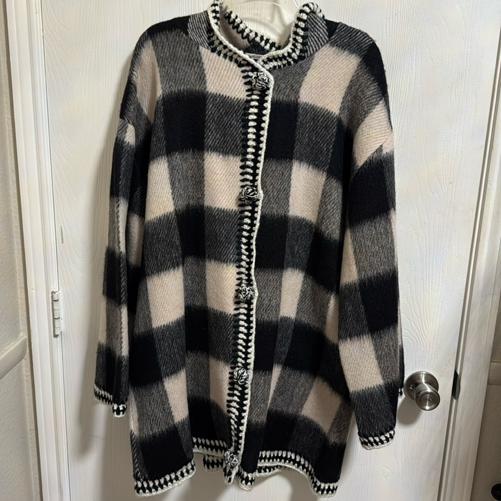 Nwt Faherty Aster Wool Blanket Coat Xl Boulder Buffalo Check Hand Crochet Warm.